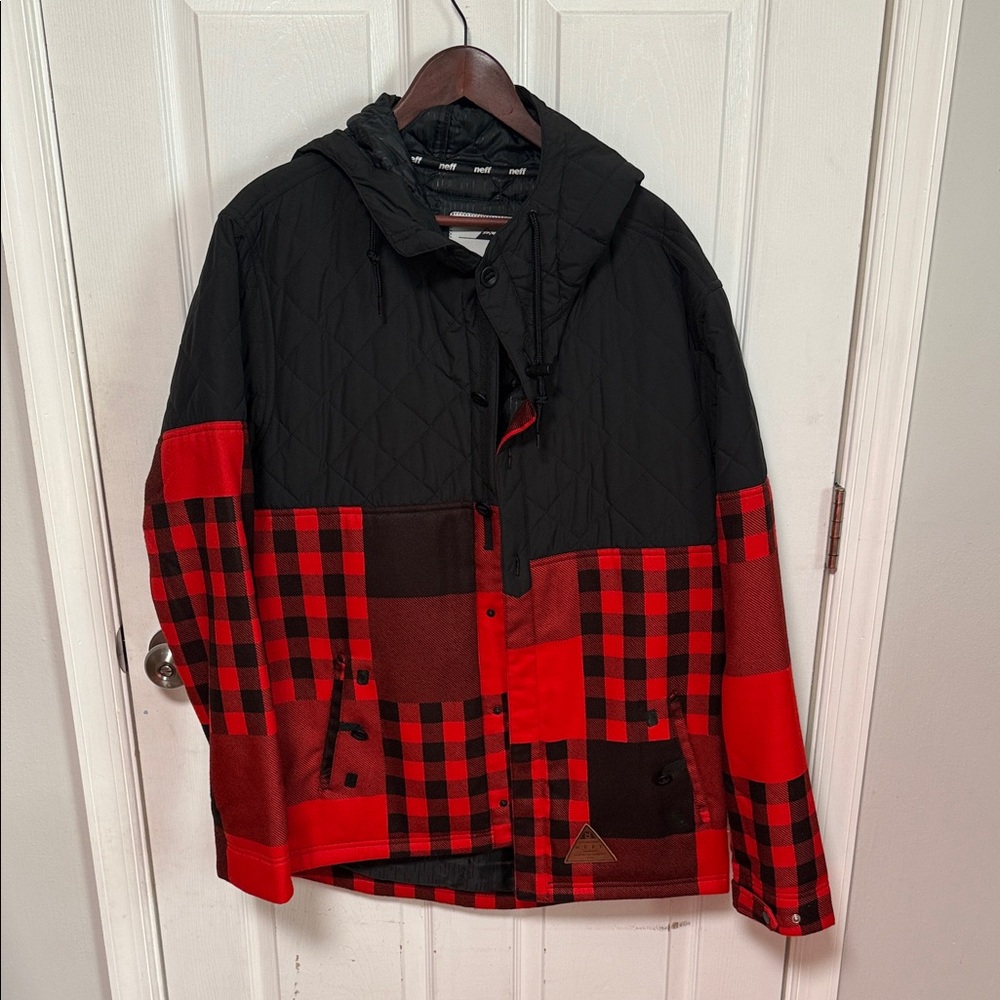 NWOT Neff Black and Red Patchwork Men's Puffer Jacket, Large